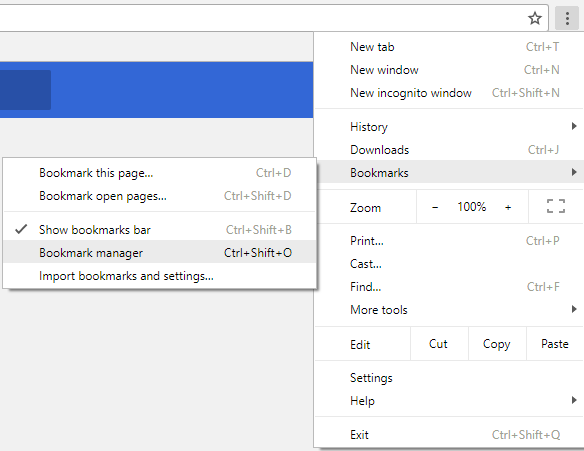 Google Chrome Bookmarks: Select Bookmark manager