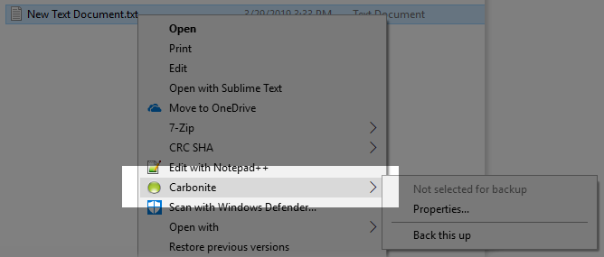 File Explorer showing ''Carbonite'' in the right-click menu