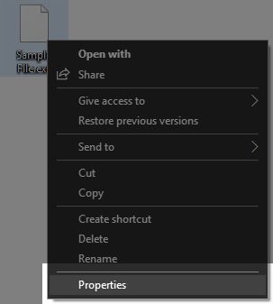 Right-click menu on a file with the ''Properties'' option highlighted