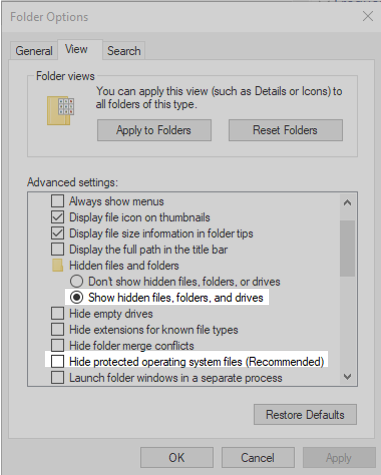 Show hidden files, folders and drives