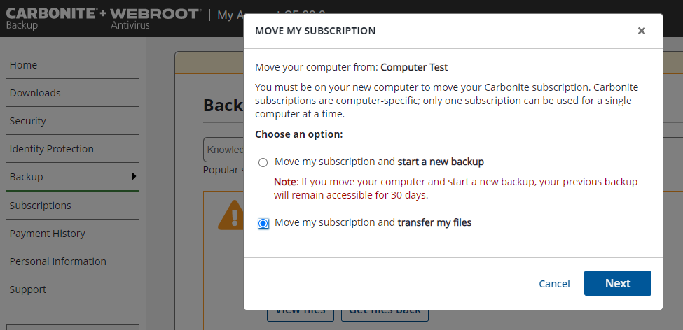 Choose Move my subscription and transfer my files and click Next