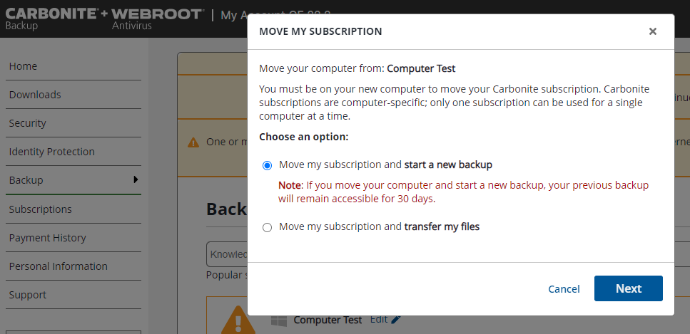 Choose Move my subscription and start a new backup and click Next